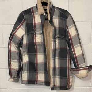 Hollister Men's Plaid Sherpa-Lined Shirt Jacket - Gray, Cream & Burgundy